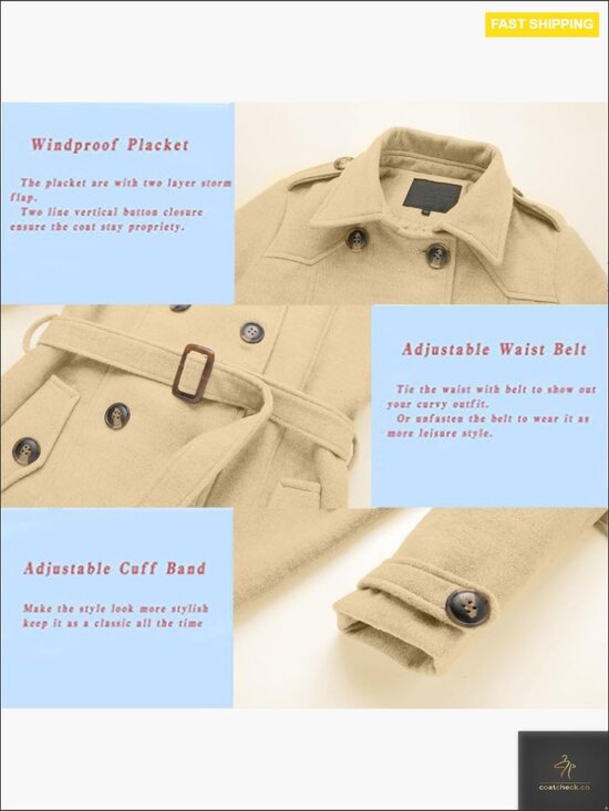 Classic Wool Pea Coat Double Breasted Trench Belted Winter Coat Chic Elegant - Picture 5 of 6